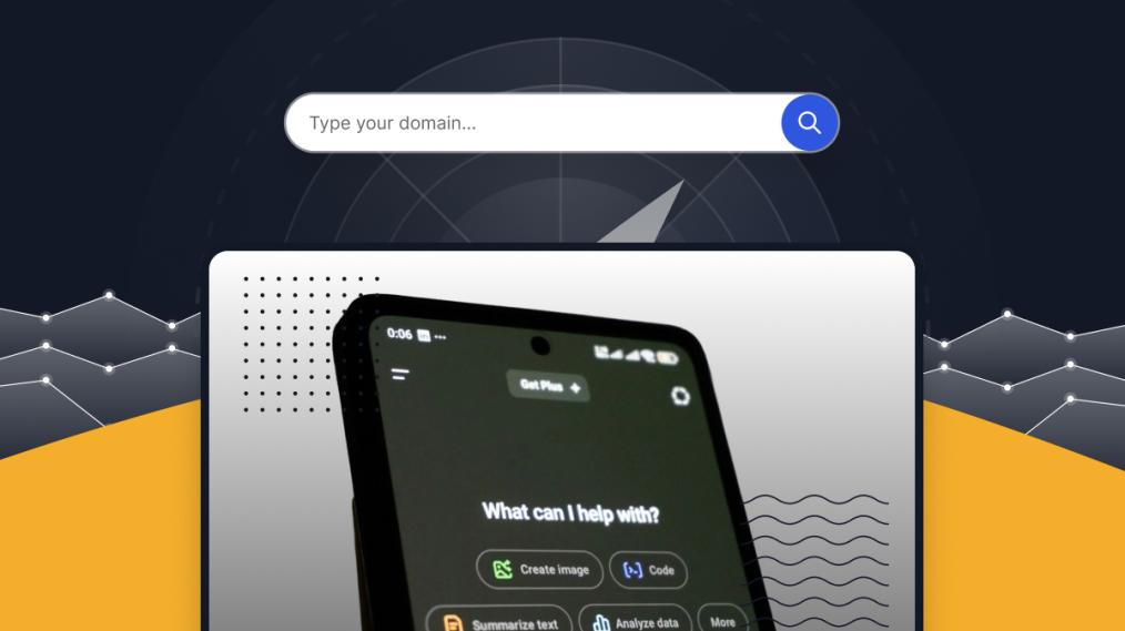 A photo of a person about to ask ChatGPT a question on their iPhone, overlayed on top of an abstracted recreation of Google Search.