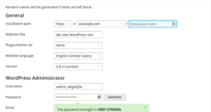 Screenshot WordPress installation via cPanel.