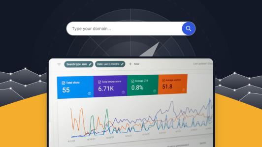Google analytics screenshot in front of a graphically abstracted imitation of Google Search.