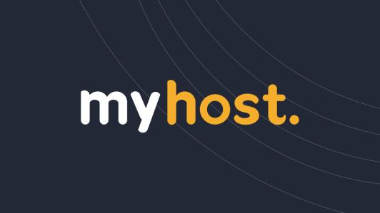 MyHost logo in white and yellow bold font, against a dark blue background.