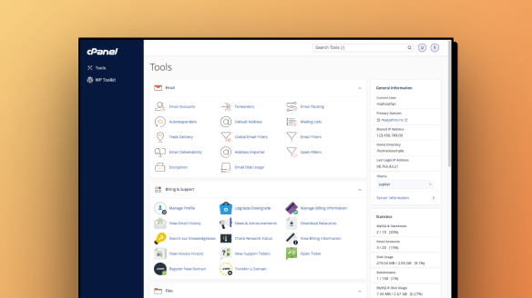 Screenshot of cPanel Tools menu.
